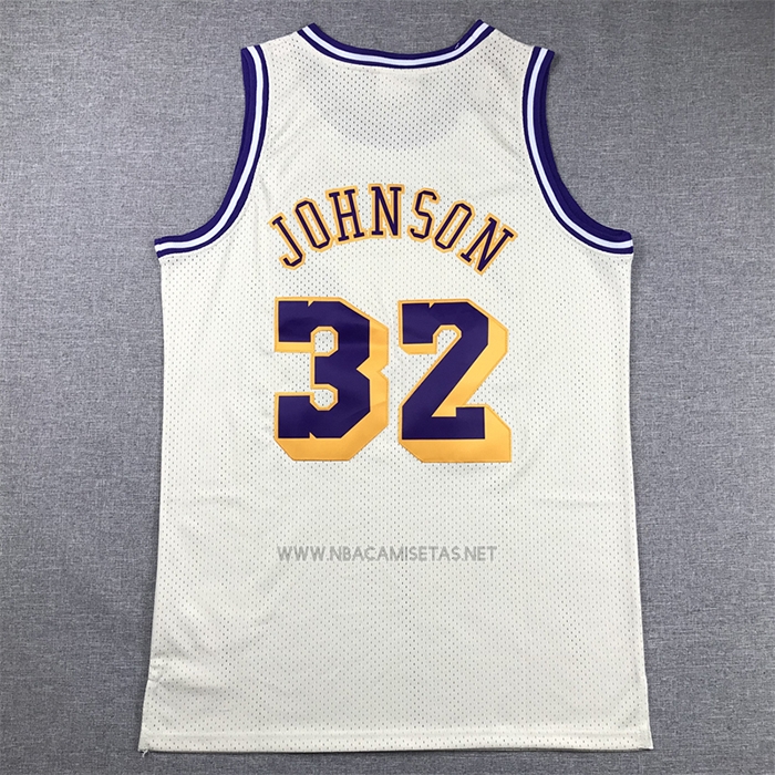 Camiseta Los Angeles Lakers Magic Johnson NO 32 Mitchell & Ness Chainstitch Crema